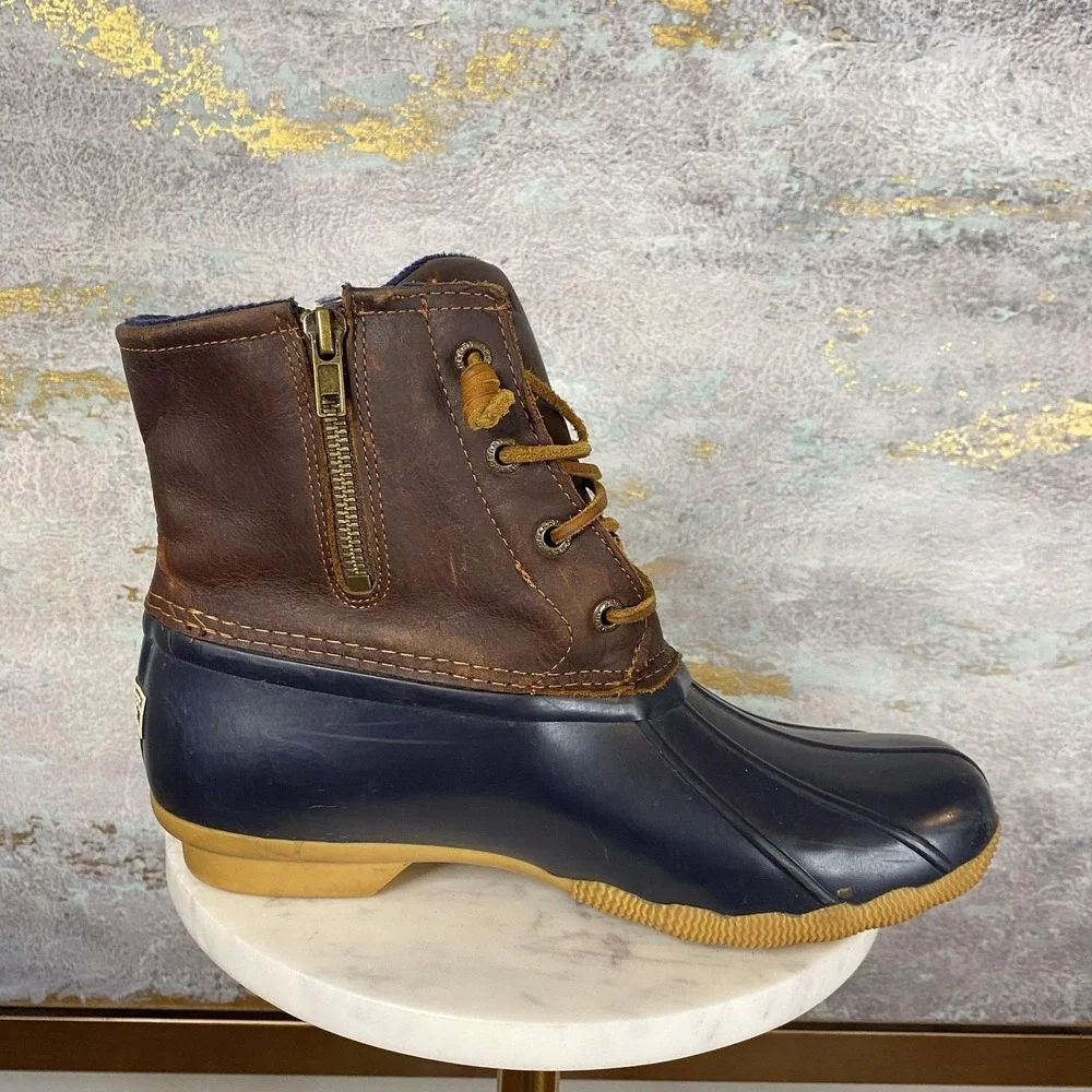 Sperry Boots Womens Size 8 Blue Brown Leather Duck Rain Ankle Zip STS91175